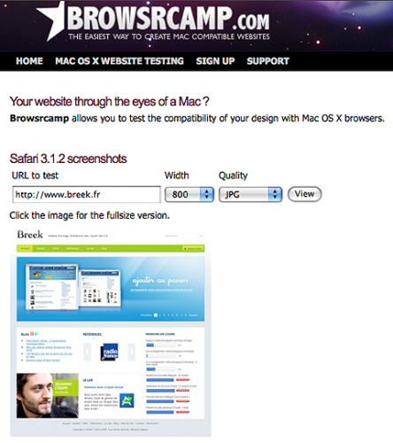 Capture d'écran du service de test cross browser browsrcamp.com