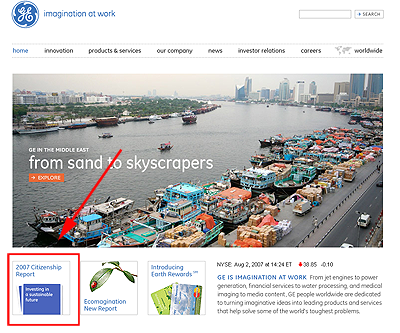Mise en avant du rappport CSR sur la page d'accueil du site General Electric