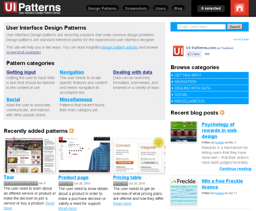 UI Patterns : chaque pattern est présenté en détails : exemples, cas d'utilisation, sources complémentaires...